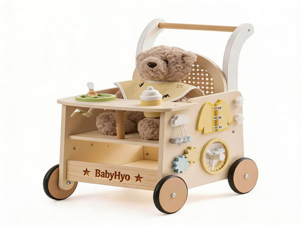 BabyHyo Wooden Baby Walker with Activity Board – Montessori Toddler Push Walker Learning Toy